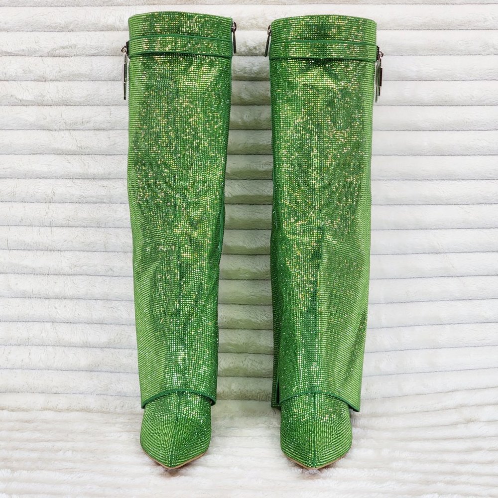Super Sparkle Sharky Green Rhinestone Skirted Fold Over Wedge Heel Knee Boots - Picture 10 of 14